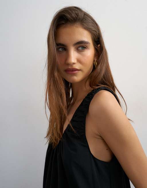 Topshop - Robe d'été longue en popeline de coton à encolure froncée - Noir, 3 de 4