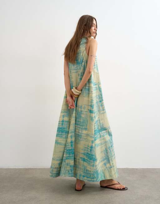 Topshop - Robe d'été longue en popeline de coton à imprimé abstrait avec encolure froncée - Bleu, 3 de 4