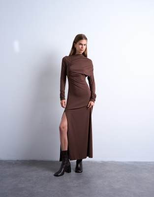 Robe drapée longue coupe asymétrique - Marron chocolat-Vert XS