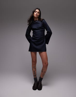 Topshop - Robe droite à manches longues en jean - Indigo brut - view 1