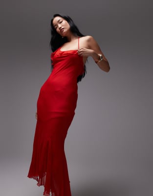 Topshop - Robe élégante et mi-longue en mousseline avec jupe à godets - Rouge