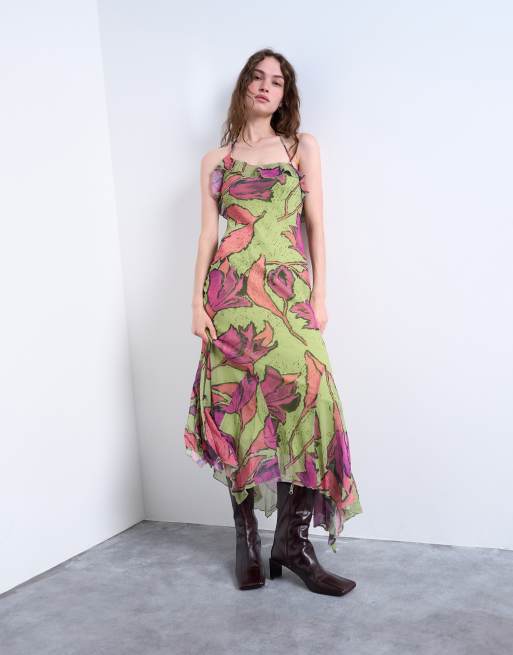 Topshop - Robe élégante mi-longue à imprimé fleuri avec jupe à godets - Rose/vert, 3 de 4