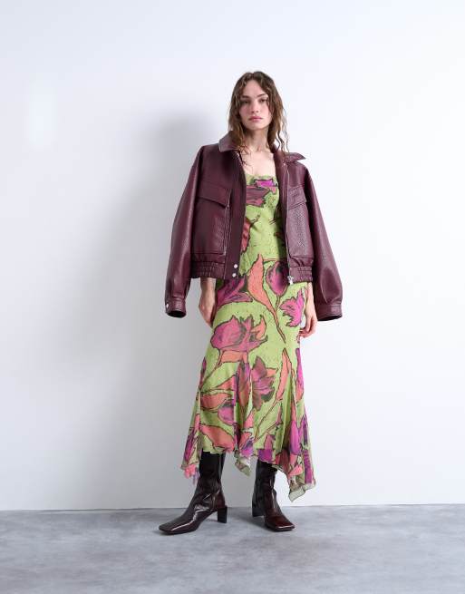 Topshop - Robe élégante mi-longue à imprimé fleuri avec jupe à godets - Rose/vert, 4 de 4