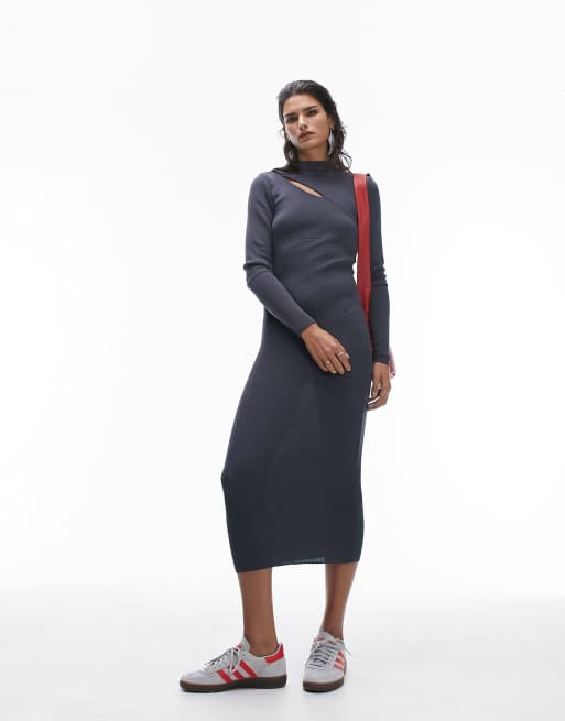 Topshop - Robe en maille à manches longues et encoche devant - Ardoise