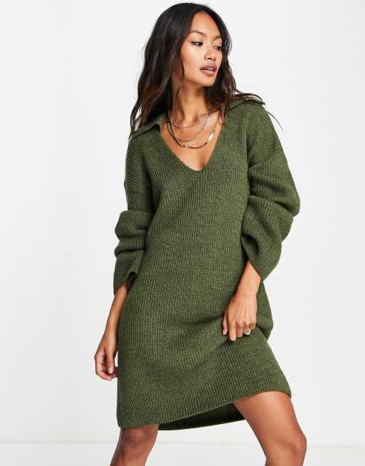 Topshop - Robe en maille avec col - Kaki