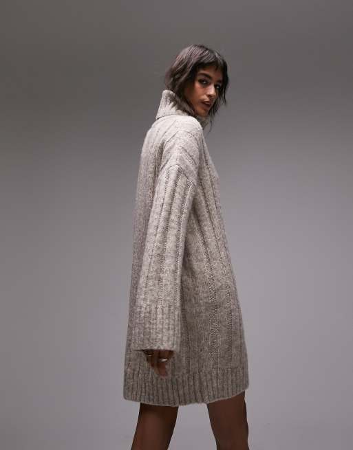 Topshop - Robe en maille côtelée avec col roulé - Vison, 3 de 4