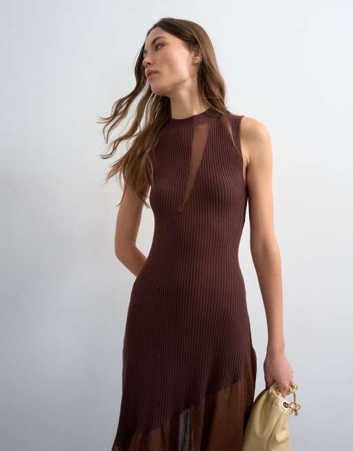 Topshop - Robe en maille et tissu transparent - Chocolat , 2 de 4