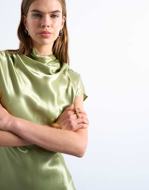 Topshop - Robe en satin à mancherons - Olive, 3 de 4
