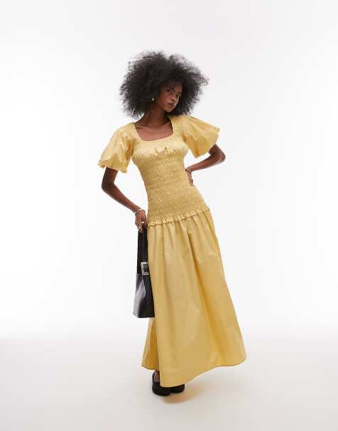 Topshop - Robe froncée longue à encolure carrée et manches bouffantes - Babeurre - view 1