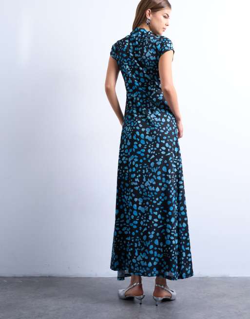 Topshop - Robe froncée longue à imprimé animal et mancherons - Bleu, 3 de 4
