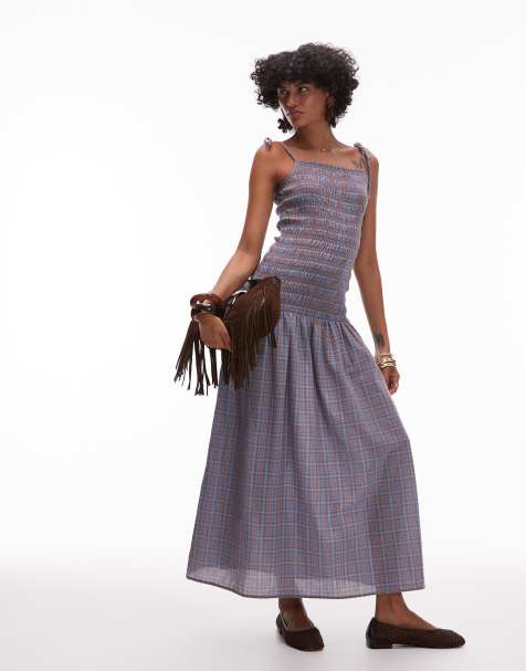 Topshop - Robe froncée mi-longue à carreaux et fines bretelles - Bleu - view 1