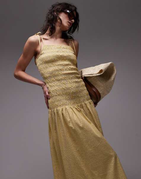 Topshop - Robe froncée mi-longue à carreaux et fines bretelles - Jaune - view 1