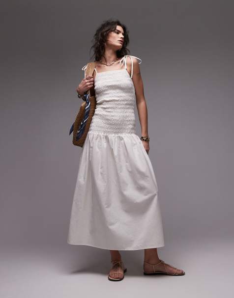 Topshop - Robe froncée mi-longue en lin avec bretelles fines - Ivoire - view 1