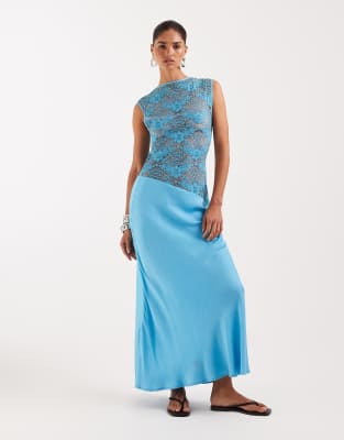 Robe habillée longue avec buste en dentelle - Turquoise-Bleu 46