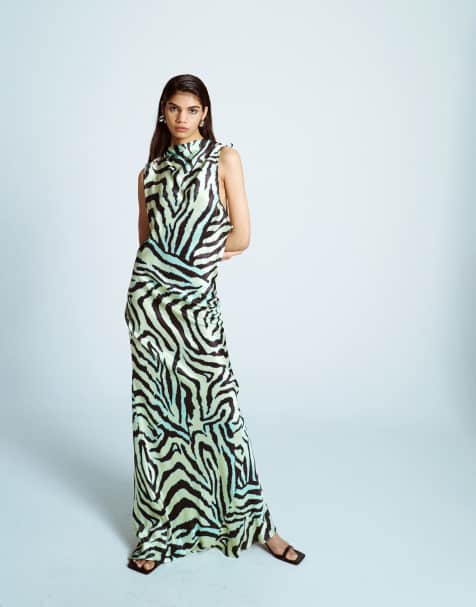 Topshop - Robe habillée longue coupée en biais à zébrures avec emmanchures froncées - Vert - view 1