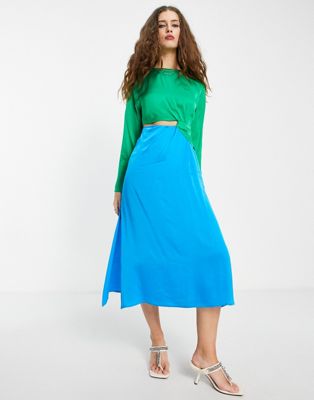 Robes Topshop - Robe habillée mi-longue à découpe et effet color block - Vert et bleu de cobalt