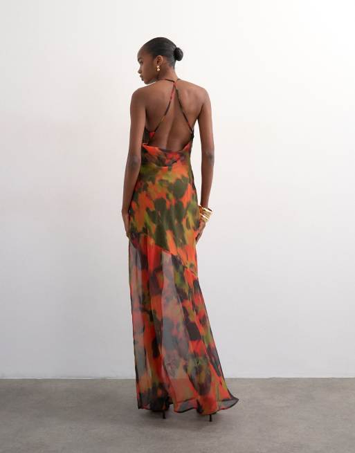 Topshop - Robe longue à col bénitier et ourlet plongeant - Imprimé abstrait flouté, 4 de 4