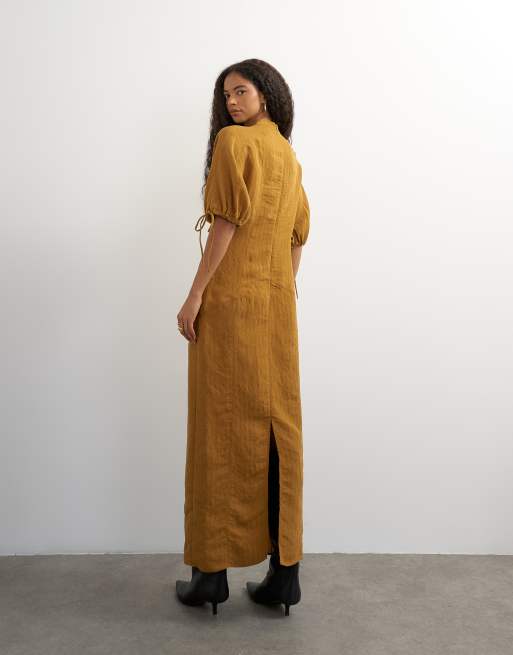 Topshop robe longue à col montant avec manches bouffantes à liens, rayures tissées marron, 2 de 4