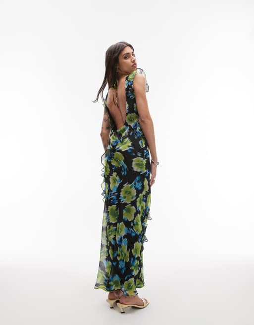 Topshop - Robe longue à col montant, dos ouvert et volants - Bleu fleuri flouté, 3 de 4