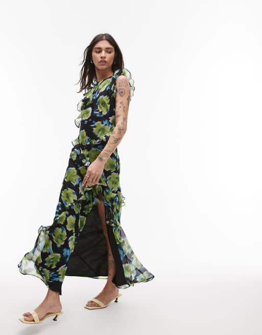 Topshop - Robe longue à col montant, dos ouvert et volants - Bleu fleuri flouté, 4 de 4