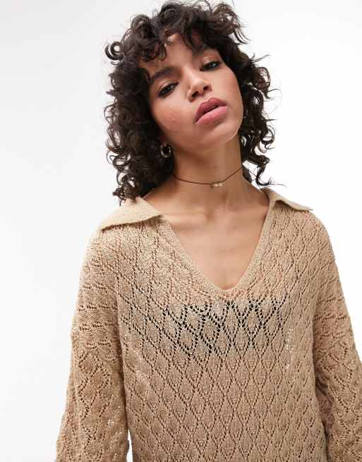 Topshop Robe longue à col polo en maille ajourée Neutre ASOS