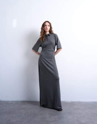 Topshop - Robe longue à col polo et taille cintrée - Gris