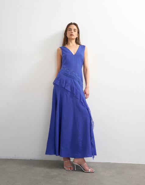 Topshop - Robe longue à décolleté plongeant en V et empiècement en dentelle - Cobalt - view 1
