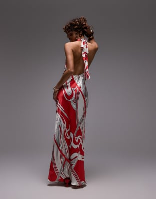 Topshop - Robe longue à encolure américaine avec imprimé Boutique - Rouge