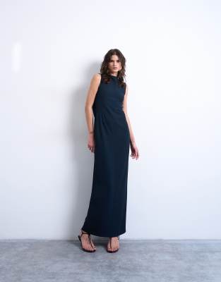 Robe longue à encolure bateau et dos drapé - Bleu marine-Brown 44