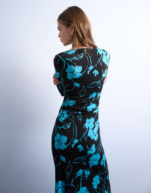 Topshop - Robe longue à encolure bateau, manches longues et imprimé fleurs - Chocolat, 3 de 4