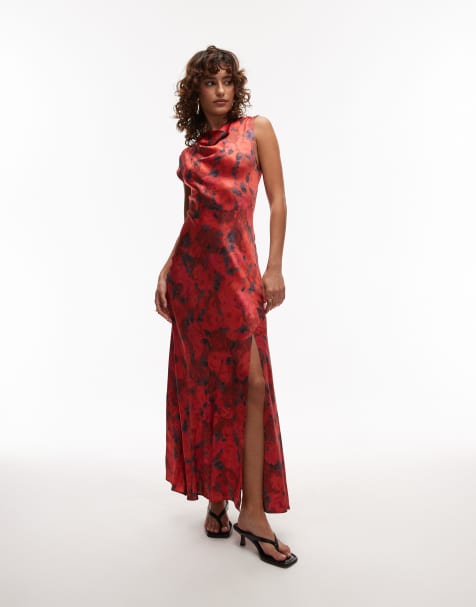 Topshop - Robe longue à encolure drapée - Rouge à motif rose - view 1