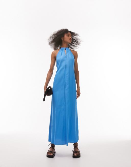 Topshop - Robe longue à enfiler en lin avec lien à nouer contrastant - Bleu 