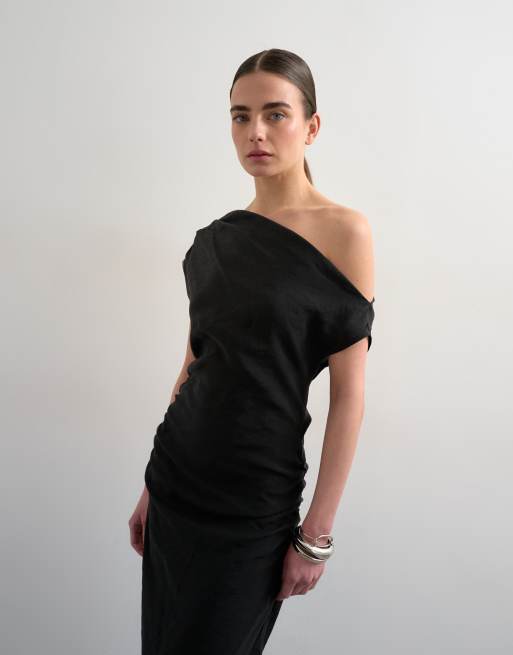 Robe Topshop Noire Détail écharpe Drapée Une épaule - Taille UK 14 - Neuf Avec étiquettes