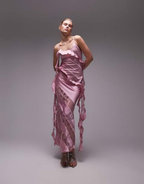 Topshop - Robe longue à fines bretelles en dentelle avec volants - Rose - view 1