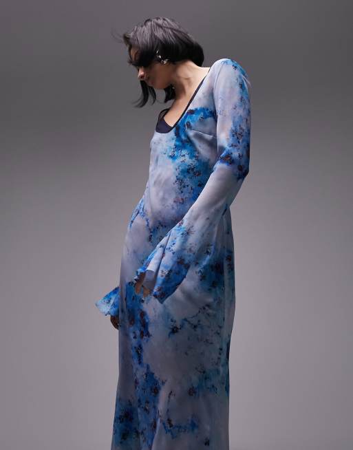 Topshop - Robe longue à fleurs avec bordures fantaisie - Bleu effet vieilli