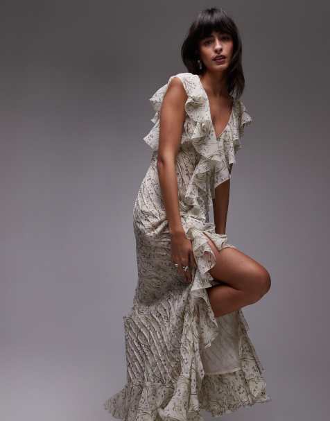Topshop - Robe longue à fleurs et volants avec plis nervurés de qualité supérieure - Gris doux - view 1