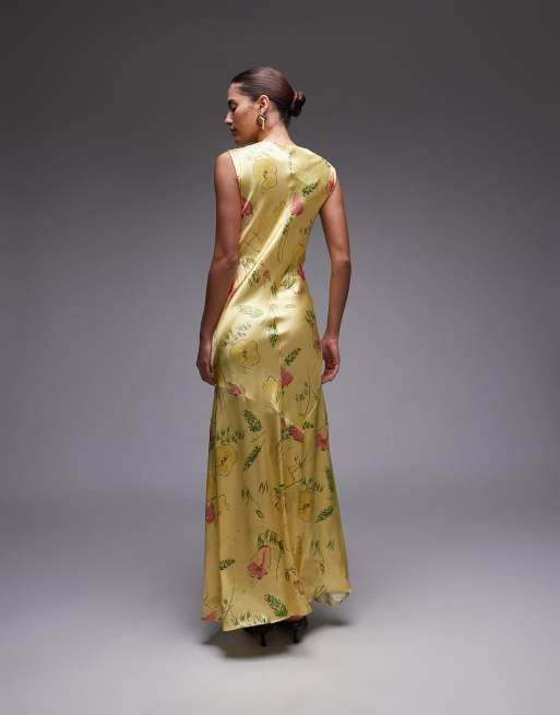 Topshop - Robe longue à imprimé fleuri et encolure drapée - Citron vert, 3 de 4