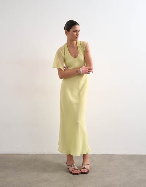 Topshop - Robe longue asymétrique à manches évasées et surpiqûres - Citron - view 1