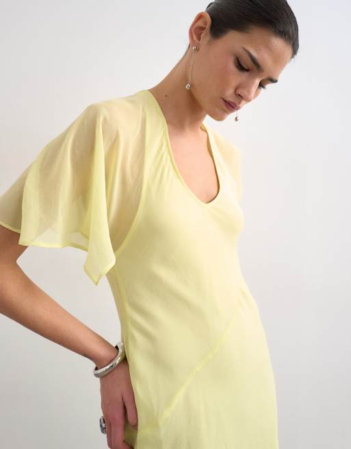 Topshop - Robe longue asymétrique à manches évasées et surpiqûres - Citron, 4 de 4