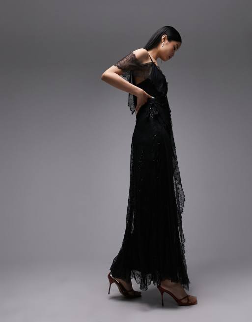 Topshop - Robe longue asymétrique en dentelle ornementée - Noir