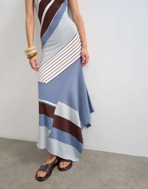 Topshop - Robe longue asymétrique en maille à rayures - Bleu multicolore, 3 de 4