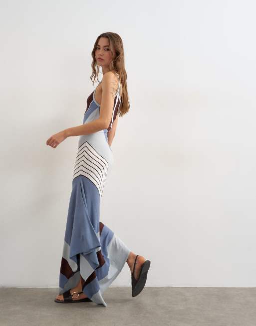 Topshop - Robe longue asymétrique en maille à rayures - Bleu multicolore, 4 de 4