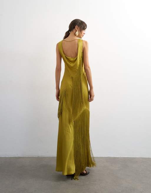 Topshop - Robe longue asymétrique en satin à franges - Olive, 4 de 4