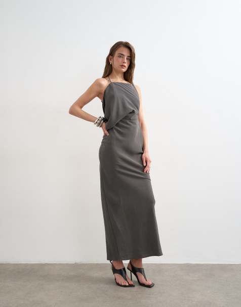 Topshop - Robe longue asymétrique froncée sur le côté - Gris - view 1