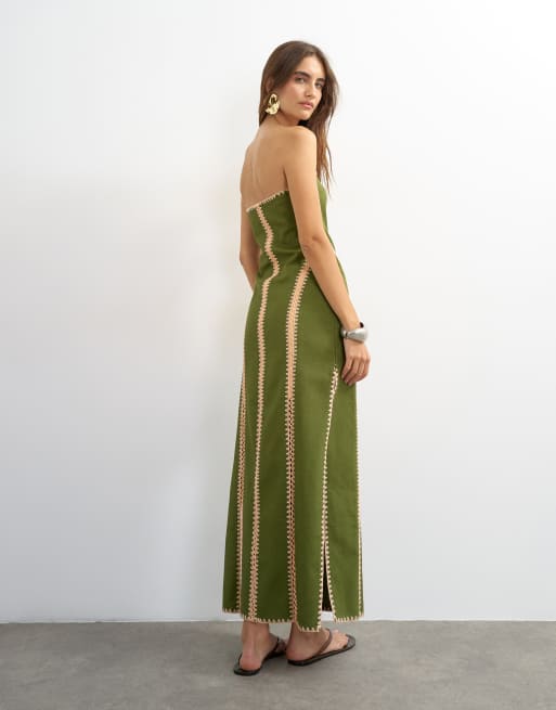 Topshop - Robe longue bandeau en crochet contrastant - Vert et pêche, 3 de 4