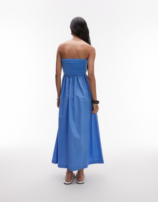 Topshop - Robe longue bandeau en popeline mélangée - Bleu, 3 de 4