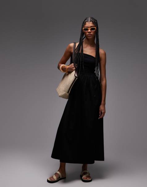 Topshop - Robe longue bandeau en popeline - Noir - view 1