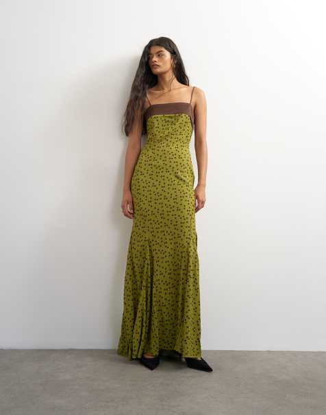 Topshop robe longue bandeau en satin à pois contrastants olive et chocolat - view 1