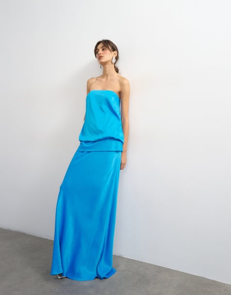 Topshop robe longue bandeau en satin à taille basse blousante bleue - view 1