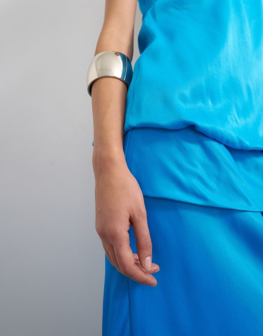 Topshop robe longue bandeau en satin à taille basse blousante bleue, 3 de 4